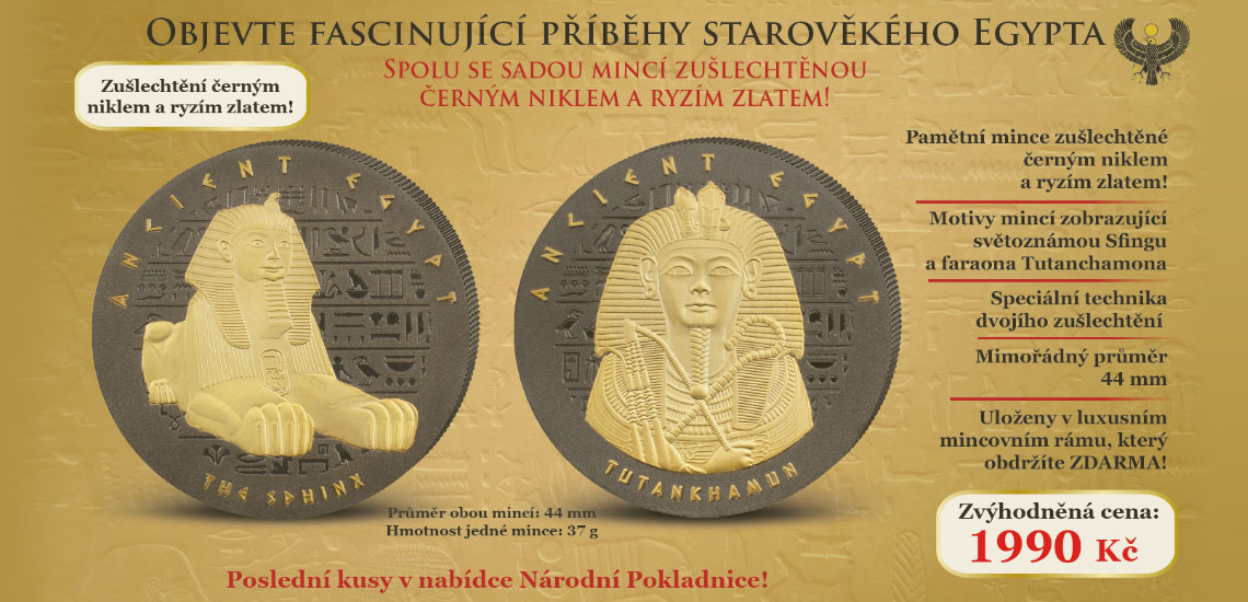 Tutanchamon a Sfinga na mincích zušlechtěných černým niklem a zlatem