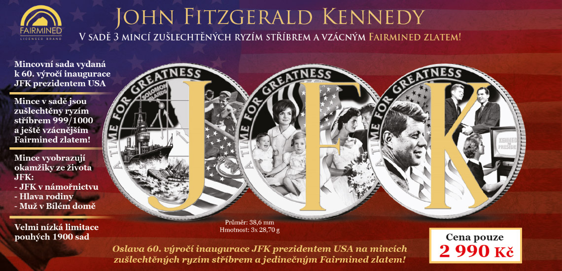 Mincovní sada vydaná k 60. výročí inaugurace JFK prezidentem USA, zušlechtěná ryzím stříbrem 999/1000 a ještě vzácnějším Fairmined zlatem