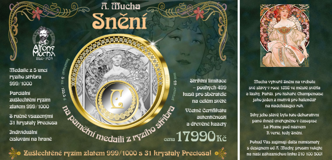 Snění v podání Alfonse Muchy - Stříbrná medaile s 31 krystaly Preciosa