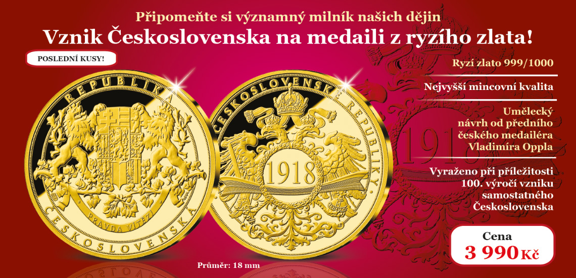 Vznik Československa na pamětní medaili z ryzího zlata 999/1000