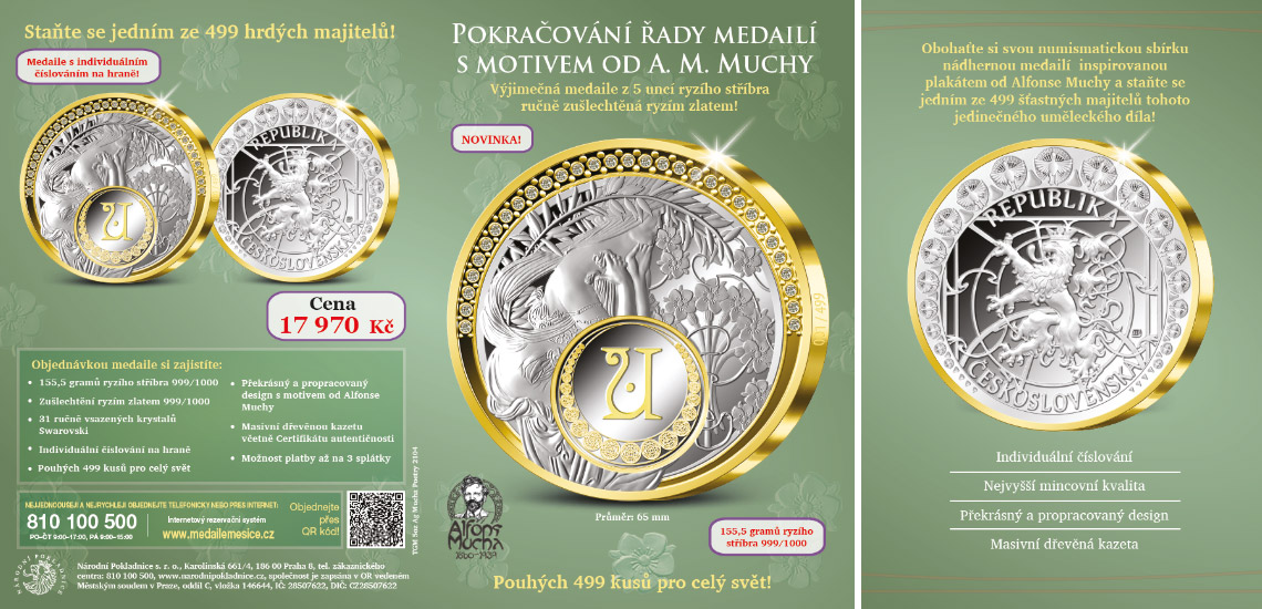 Pokračování řady medailí s motivem od A. M. Muchy - výjimečná medaile z 5 uncí ryzího stříbra ručně zušlechtěná ryzím zlatem