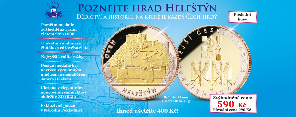 Pamětní medaile Helfštýn zušlechtěna růžovým a žlutým zlatem
