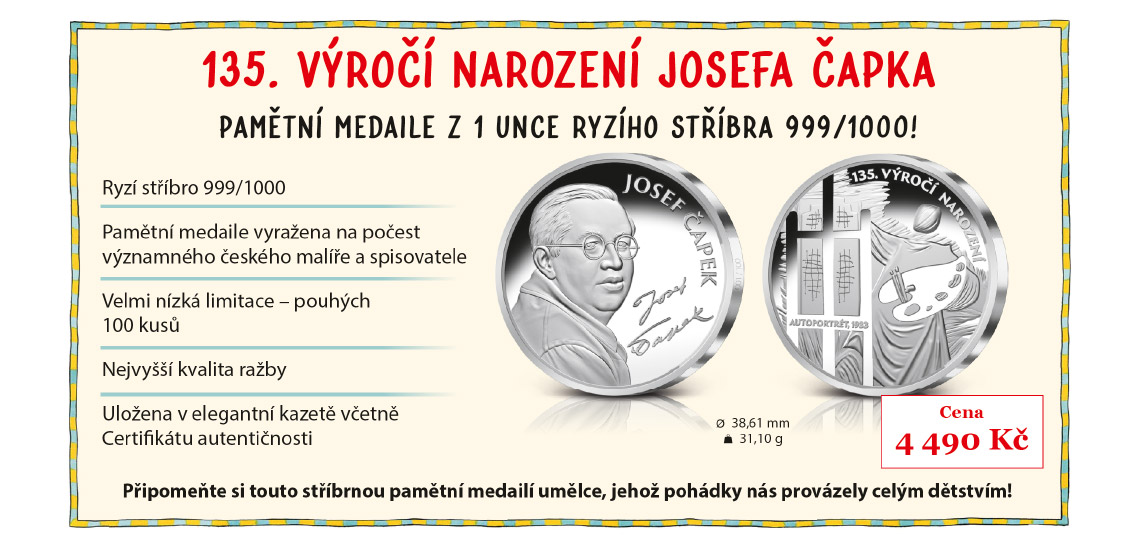 Josef Čapek na medaili z 1 oz ryzího stříbra 999/1000