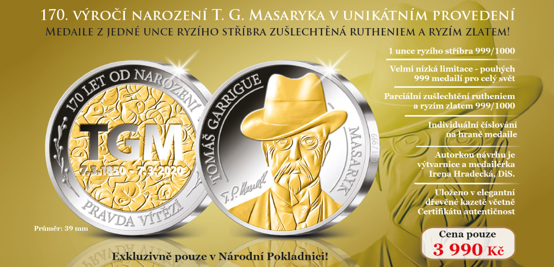170. výročí narození T. G. Masaryka - Medaile z 1 unce ryzího stříbra zušlechtěná rutheniem a ryzím zlatem!