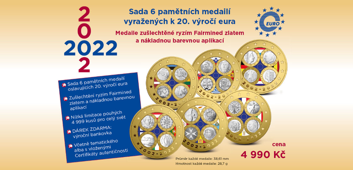 Sada 6 pamětních medailí vyražených k 20. výročí eura