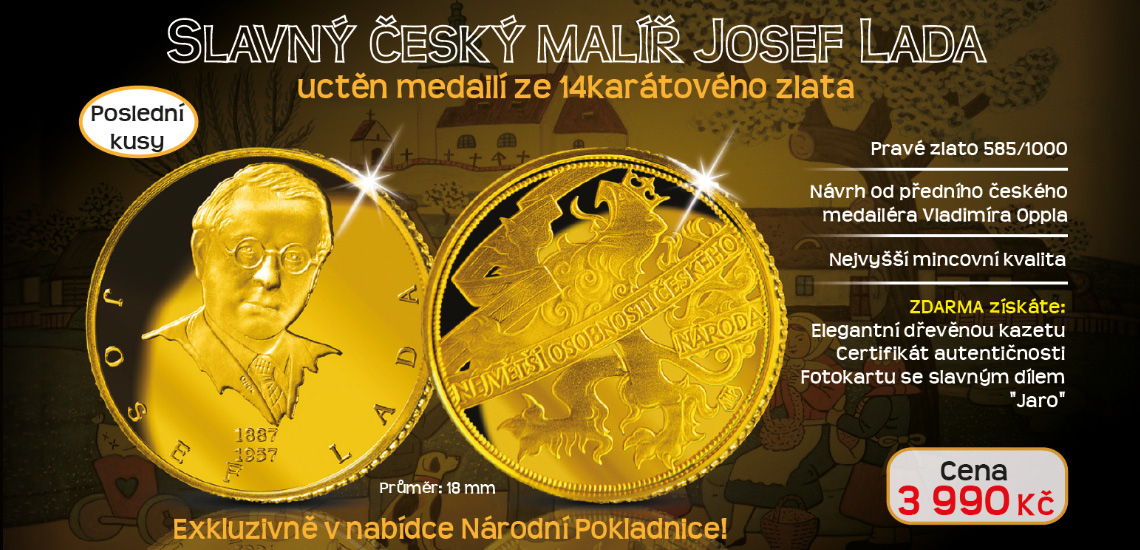 Josef Lada na zlaté medaili v dřevěné kazetě