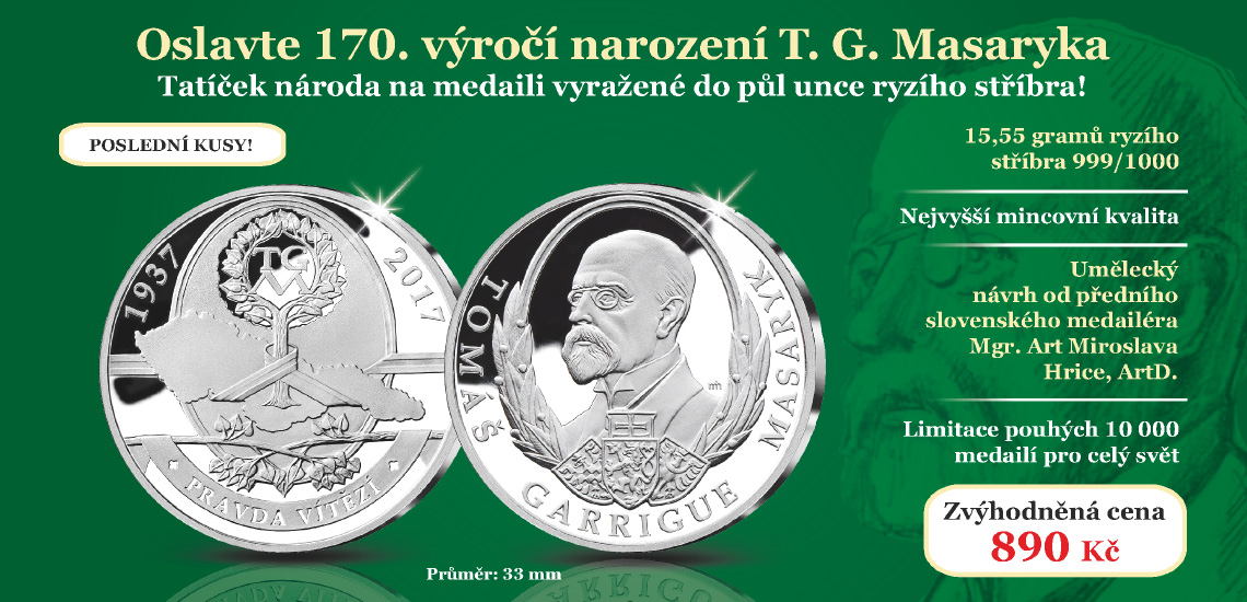 T. G. Masaryk na medaili vyražené do půl unce ryzího stříbra