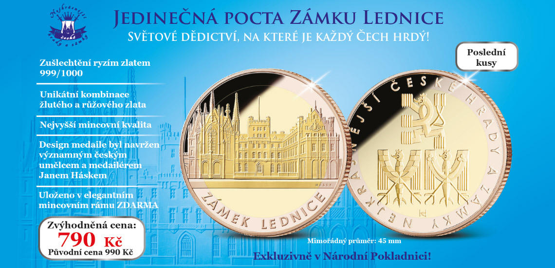 Medaile zámku Lednice zušlechtěná ryzím zlatem 999/1000 v unikátní kombinaci žlutéhoho a růžového zlata