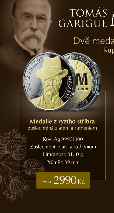 Tomáš Garrigue Masaryk na medaili zušlechtěné rutheniem a ryzím zlatem