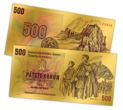 Bankovka 500 Kčs z ryzího zlata 999/1000 zcela ZDARMA