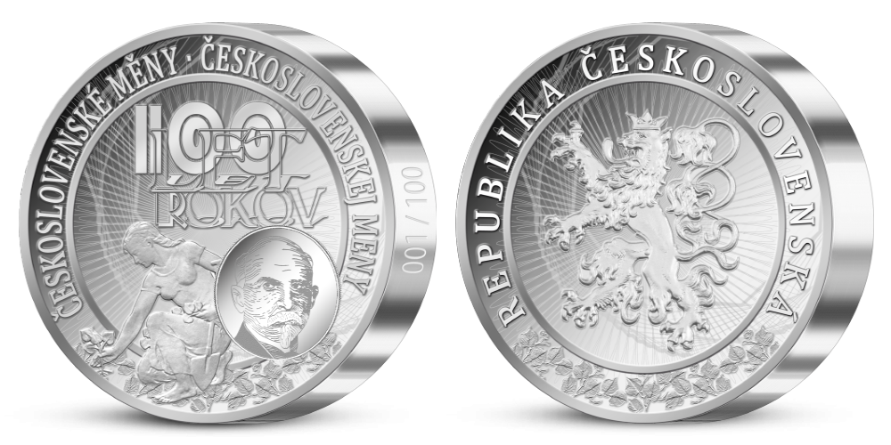 100. výročí československé měny na 1 kg ryzího stříbra 