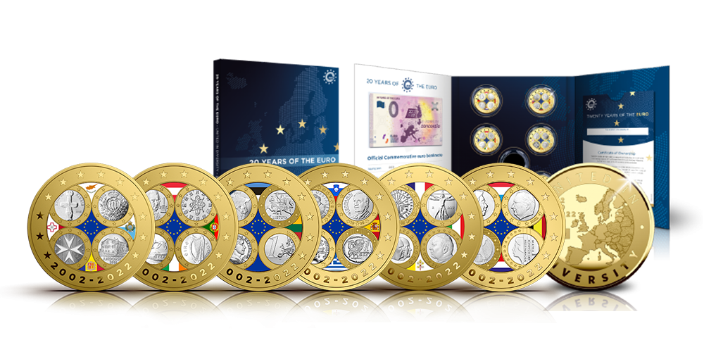Sada 6 pamětních medailí vyražených k 20. výročí eura