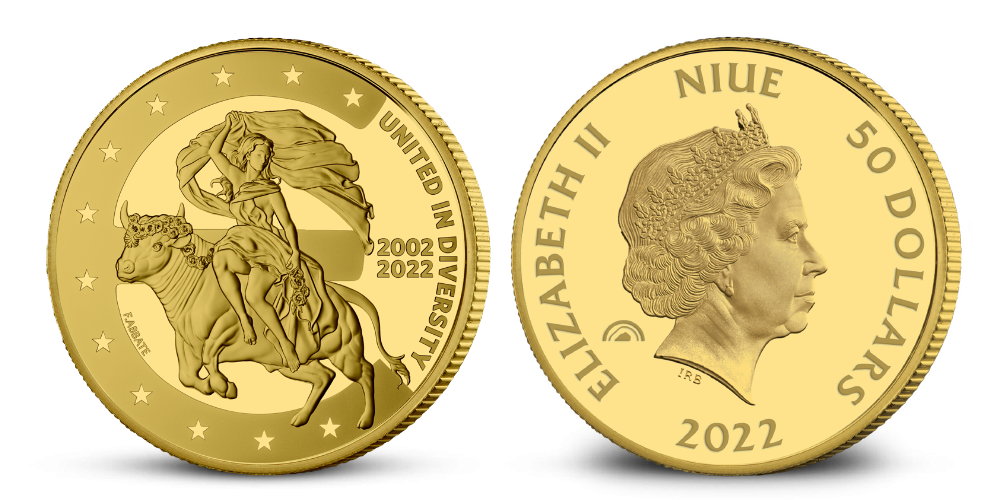 Mince z ryzího Fairmined zlata oslavující 20. výročí eura
