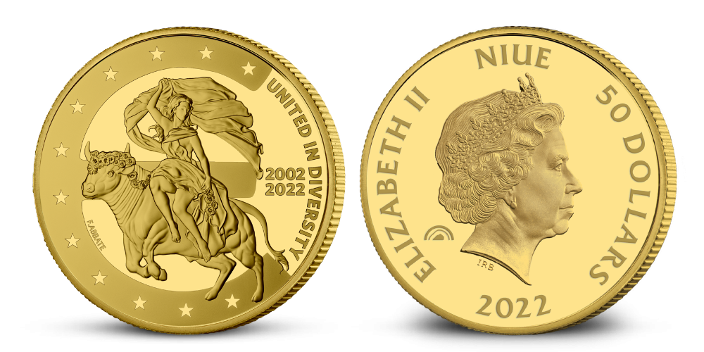 Mince z ryzího Fairmined zlata oslavující 20. výročí eura Mince z ryzího Fairmined zlata oslavující 20. výročí eura