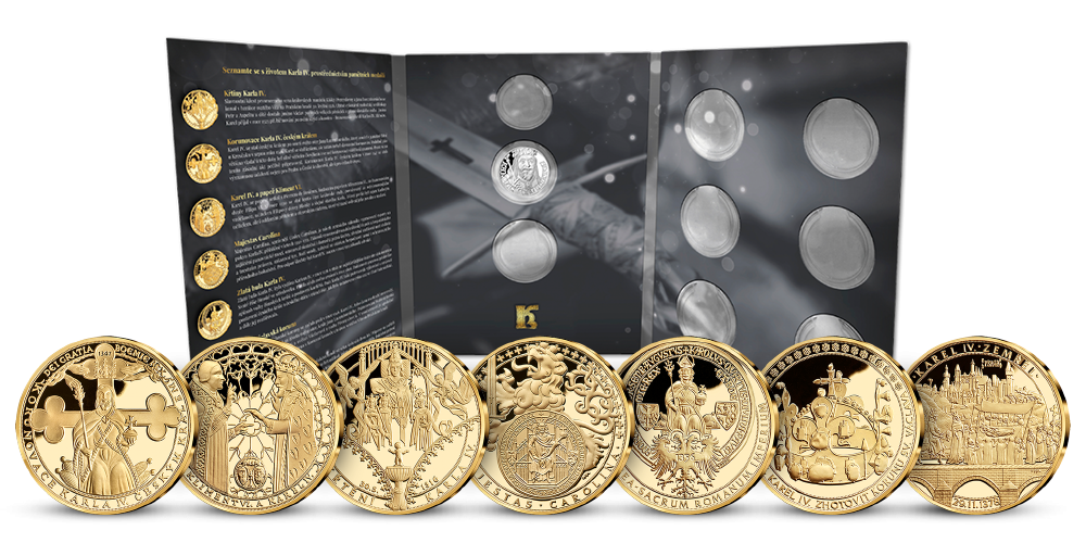 Sada sedmi pozlacených medailí Život Karla IV. s numismatickým albem