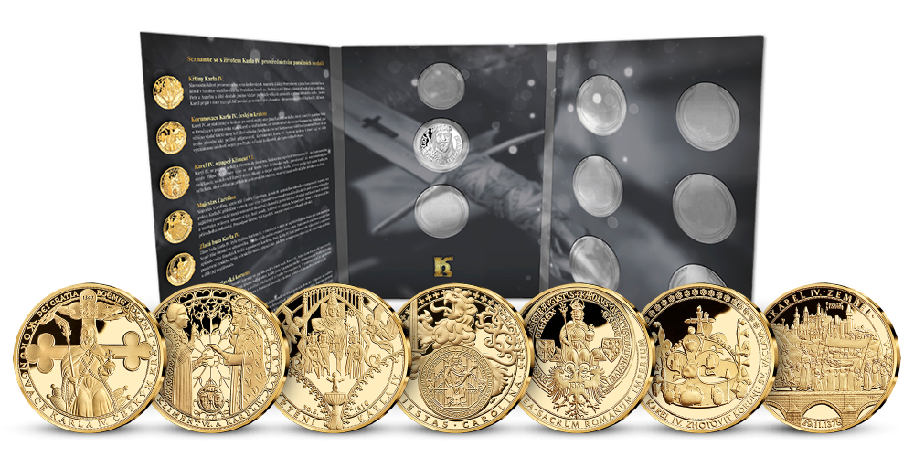 Sada sedmi pozlacených medailí Život Karla IV. s numismatickým albem Sada sedmi pozlacených medailí Život Karla IV. s numismatickým albem