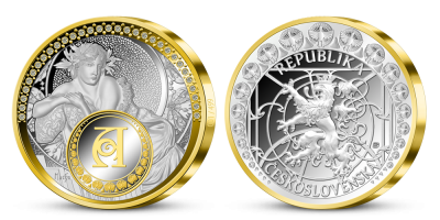 5 oz stříbrná medaile Alfons Mucha a Dívka s vlčími máky 