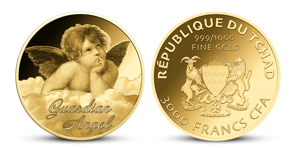 Anděl strážný a mince z ryzího zlata 999/1000 