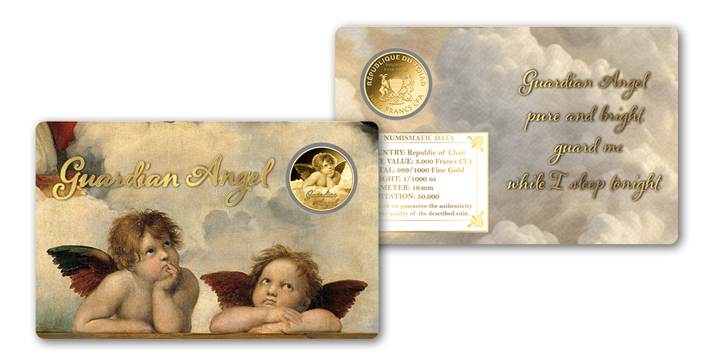Anděl strážný a mince z ryzího zlata 999/1000 