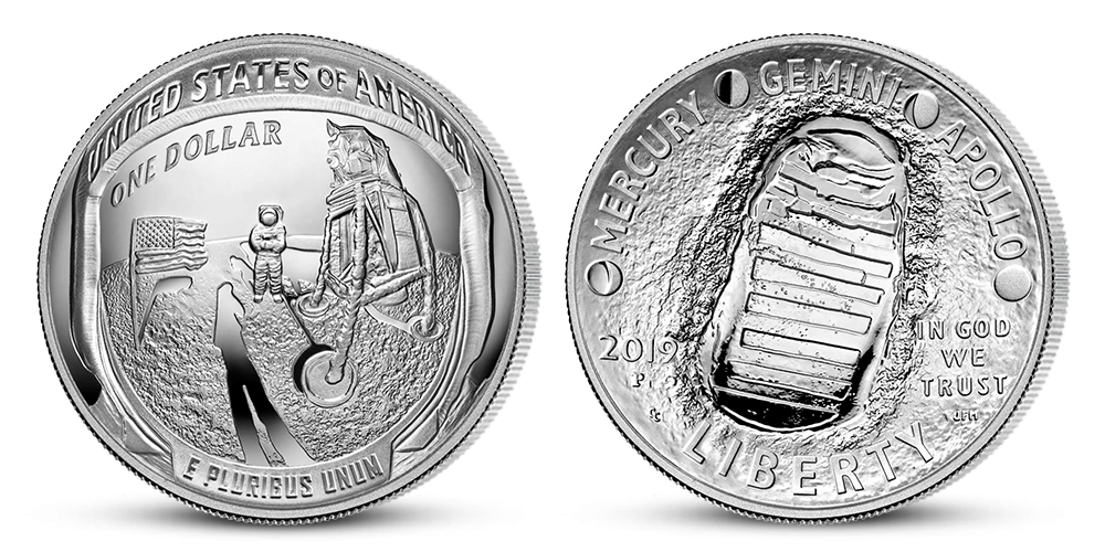 Apollo 11 Stříbrná konkávní mince k 50. výročí přístání na Měsíci Apollo 11 Stříbrná konkávní mince k 50. výročí přístání na Měsíci