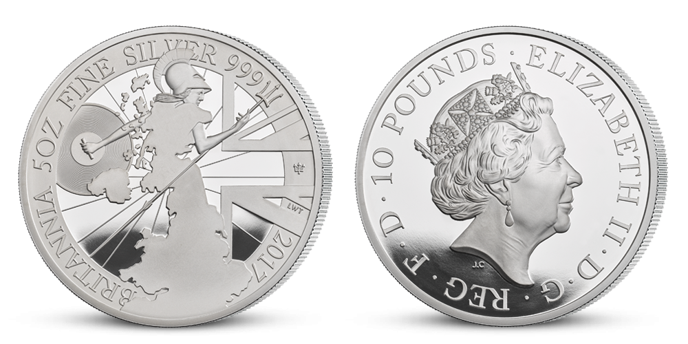 Tradiční britská mince s originálním moderním designem v 5 uncích stříbra