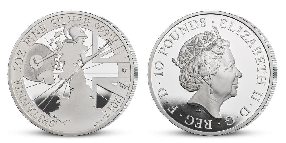 Tradiční britská mince s originálním moderním designem v 5 uncích stříbra Tradiční britská mince s originálním moderním designem v 5 uncích stříbra