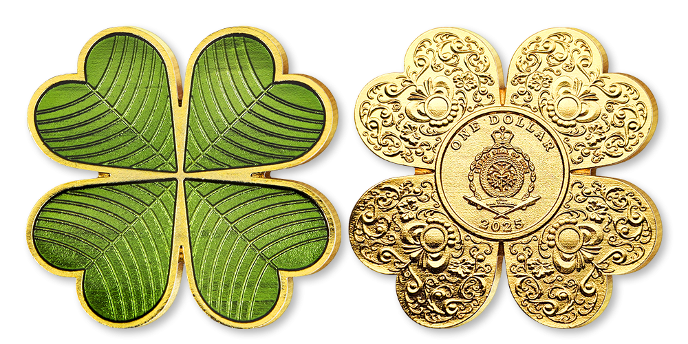 Kolorovaná mince ve tvaru čtyřlístku zušlechtěná zlatem