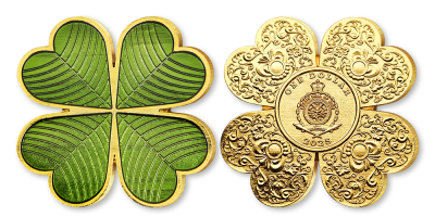 Kolorovaná mince ve tvaru čtyřlístku zušlechtěná zlatem