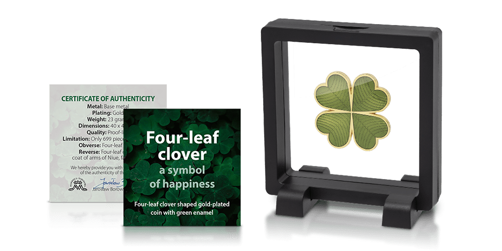 Kolorovaná mince ve tvaru čtyřlístku zušlechtěná zlatem