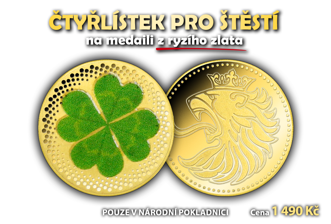Čtyřlístek pro štěstí na medaili z ryzího zlata