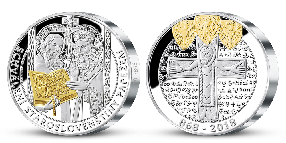 Cyril a Metoděj na pamětní medaili vyražené ze 2 uncí ryzího stříbra 