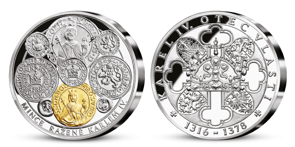 Dobová měna Karla IV. na stříbrné pamětní medaili 