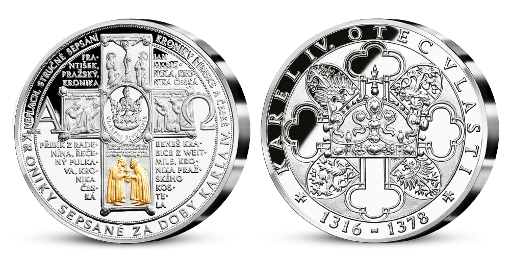 stříbrná pamětní medaile Karel IV. a jeho dvorní kronikáři stříbrná pamětní medaile Karel IV. a jeho dvorní kronikáři
