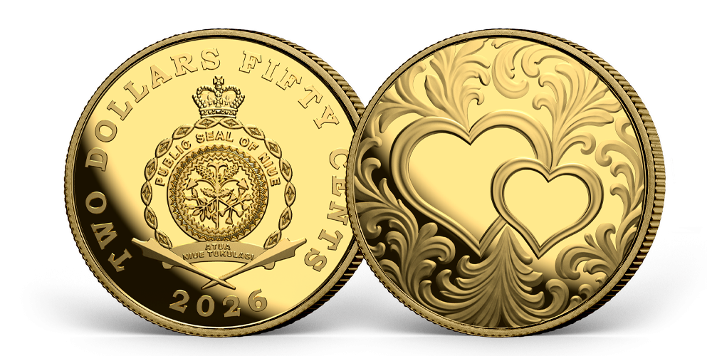 Dvě srdce a mince z 0,50 g ryzího zlata 999/1000 