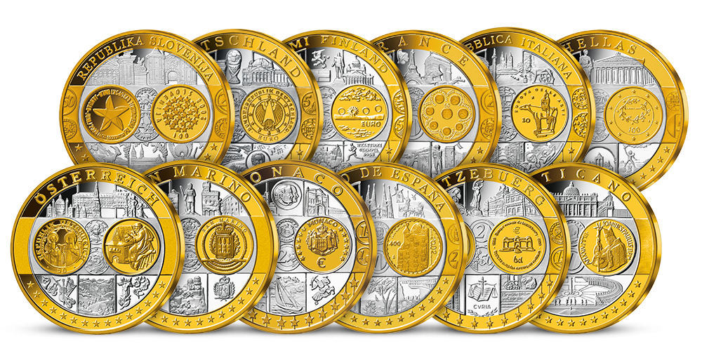 Euro měna - sada 12 pamětních medailí