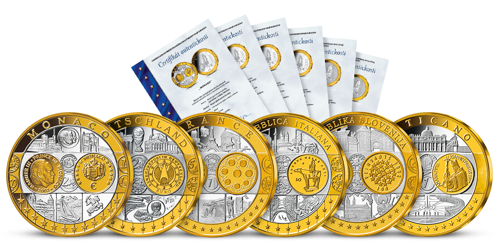 Euro měna - sada 6 pamětních medailí