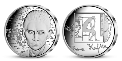 Franz Kafka na medaili z 1 unce ryzího stříbra