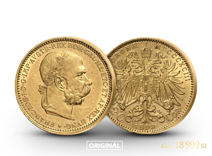 Historický originál jediné zlaté dvacetikoruny Františka Josefa I. s vavřínovým věncem!