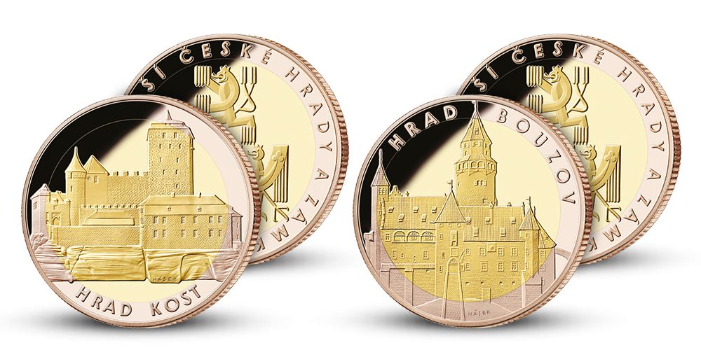 Hrad Kost a hrad Bouzov s mincovním rámem Hrad Kost a hrad Bouzov s mincovním rámem