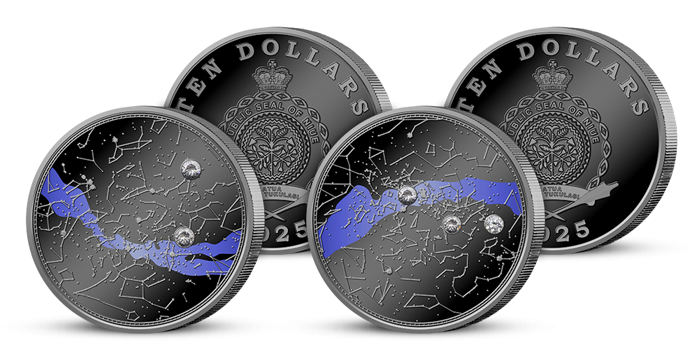 Hvězdná noční obloha - set stříbrných mincí s UV tiskem a zirkony