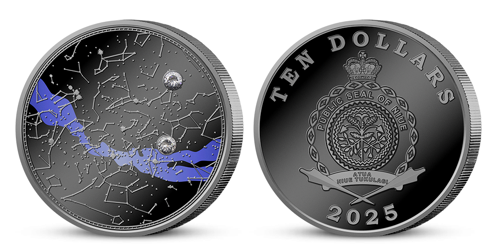 Hvězdná noční obloha - set stříbrných mincí s UV tiskem a zirkony