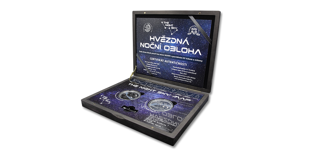 Hvězdná noční obloha - set stříbrných mincí s UV tiskem a zirkony