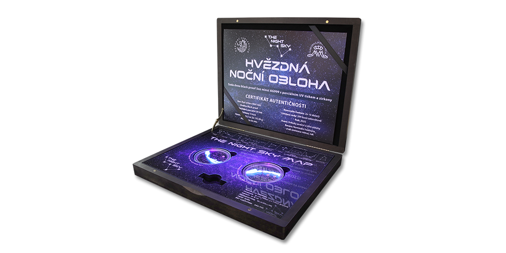 Hvězdná noční obloha - set stříbrných mincí s UV tiskem a zirkony