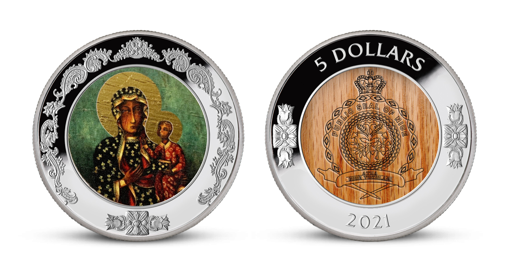 Stříbrná mince vyobrazující Černou Madonnu