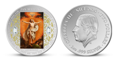 Nanebevstoupení od Jana Matejka. Mince z 1 unce ryzího stříbra 999/1000