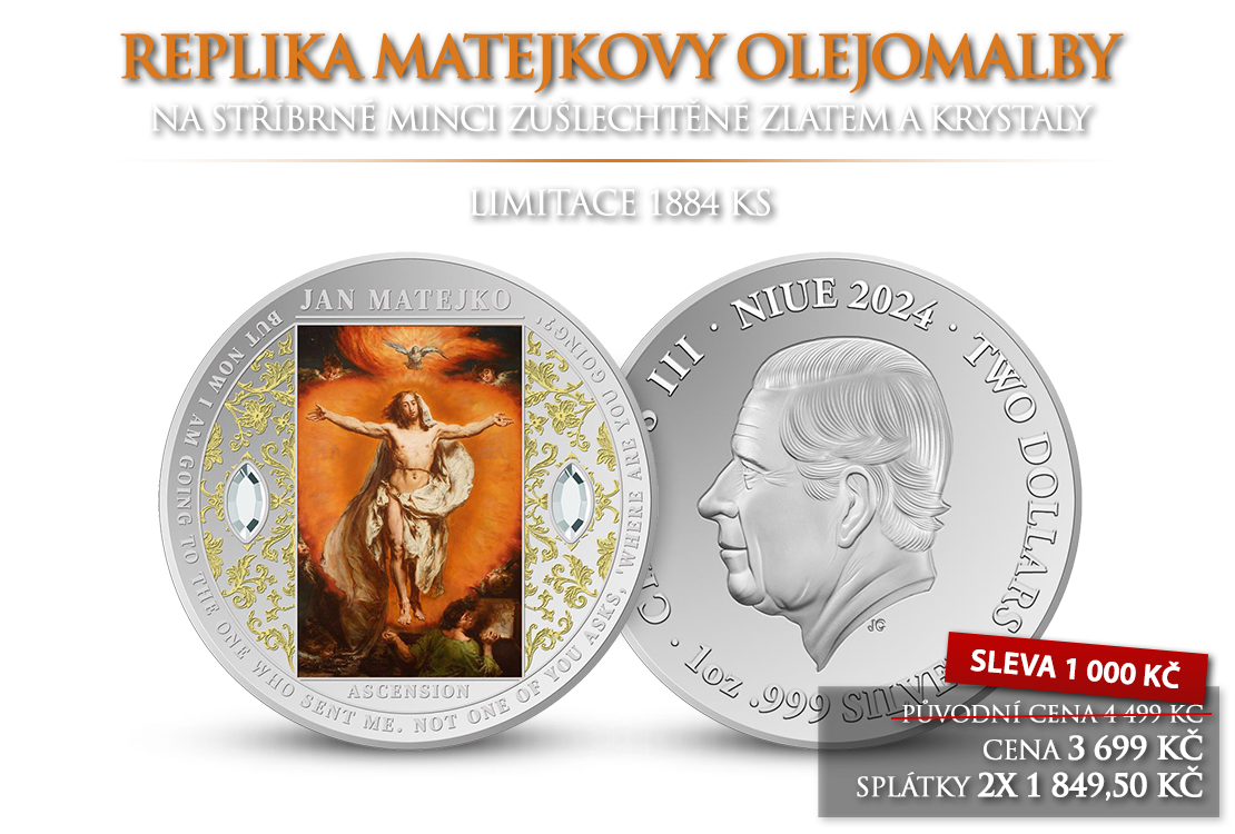 Replika Matejkova obrazu na stř&iacute;brn&eacute; minci zu&scaron;lechtěn&eacute; zlatem a krystaly