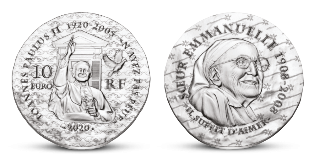 Jan Pavel II. a sestra Emmanuelle na stříbrné minci