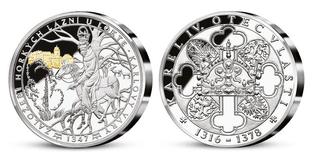 Stříbrná pamětní medaile Karel IV. a horké lázně u Lokte
