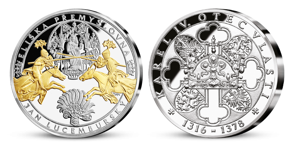 Rodiče Karla IV.: Jan Lucemburský a Eliška Přemyslovna. Stříbrná pamětní medaile 