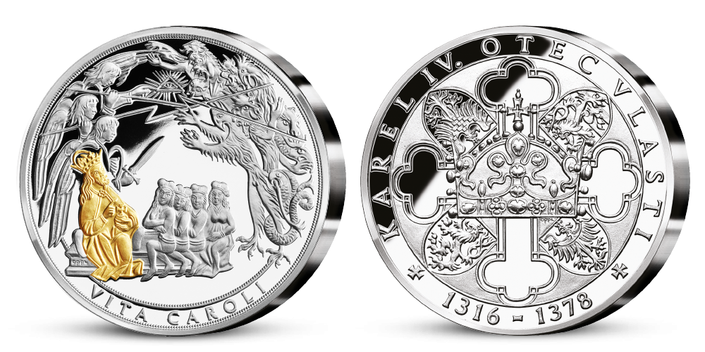 Stříbrná pamětní medaile Karel IV. a jeho životopis Stříbrná pamětní medaile Karel IV. a jeho životopis
